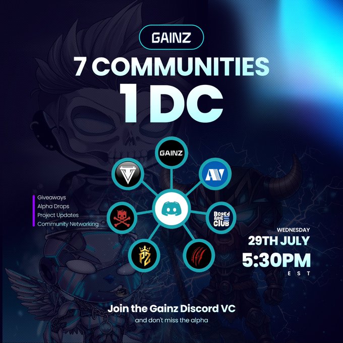 A promotional graphic for 'GAINZ' featuring a dark blue character background and a central diagram showing '7 COMMUNITIES 1 DC', including Gainz, Bored Ape Yacht Club, and others, advertising a Discord VC event on 'WEDNESDAY 29TH JULY 5:30PM EST' with Giveaways, Alpha Drops, and Project Updates.