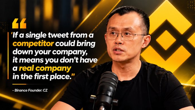 A man with glasses sits before a yellow geometric background next to a microphone, accompanied by a quote attributed to '- Binance Founder: CZ' that reads, 'If a single tweet from a competitor could bring down your company, it means you don't have a real company in the first place.'