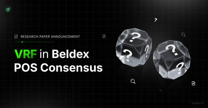 Research paper announcement graphic from beldex.io announcing 'VRF in Beldex POS Consensus' featuring 3D dice with question marks.