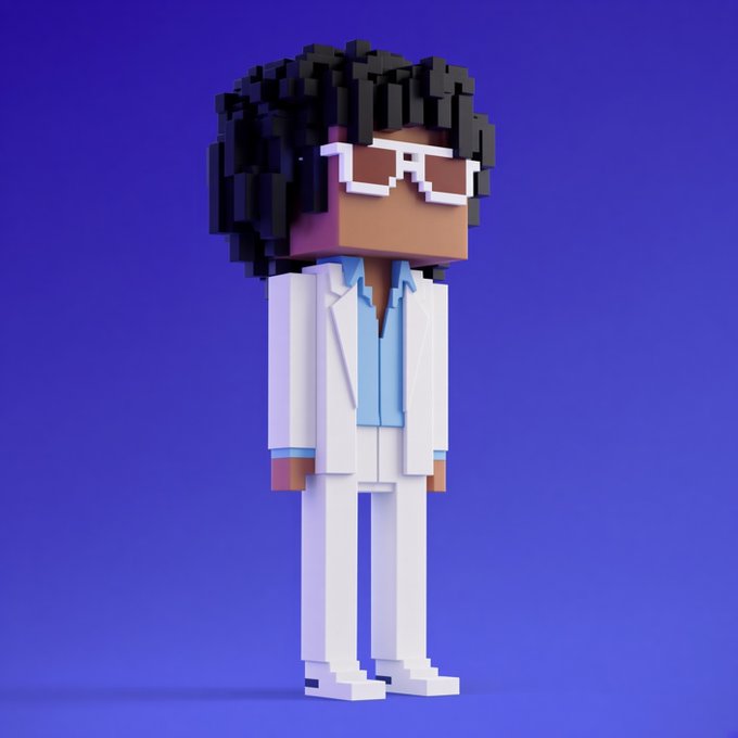 A voxel-style 3D character of a person with dark curly hair wearing a white suit, blue shirt, and pixelated sunglasses, standing against a blue background.