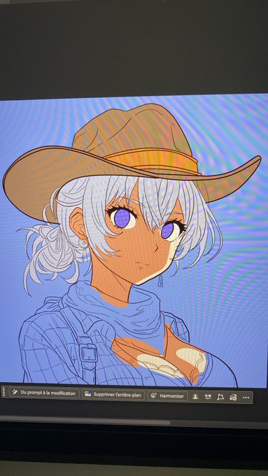 A close-up photograph of a computer monitor displaying an anime-style character with white hair and a brown hat, with French interface text visible at the bottom.