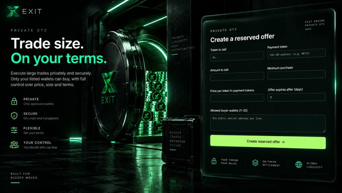 A digital advertisement for 'X EXIT' Private OTC platform displays a vault scene alongside a 'Create a reserved offer' form with fields for token to sell, amount, price, and offer expiry, emphasizing features like privacy, security, and flexibility.