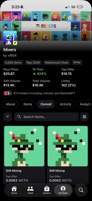 The image shows a mobile NFT marketplace page for the "Mixers" collection by xRMX, displaying a floor price of $20.87 and 24H volume of $13.4K on the Robinhood Chain, with two pixel-art characters wearing green hats listed for 0.0063 WETH. The username "Heneftiesss" matches the playful, crypto/NFT enthusiast tone of someone browsing pixel-art NFT collections on the platform.