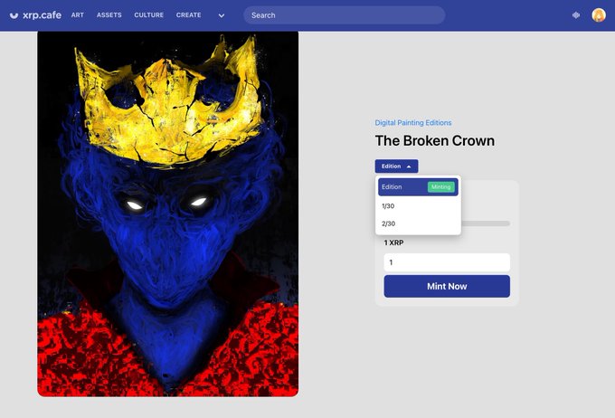 An XRP.cafe NFT marketplace listing for 'The Broken Crown,' a digital painting showing a blue-faced figure wearing a cracked golden crown, available in editions of 1/30 or 2/30.