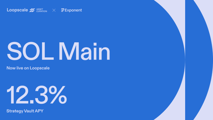 A promotional graphic with a blue background showing "SOL Main Now live on Loopscale" and "12.3% Strategy Vault APY" from Loopscale Asset Curators and Exponent.