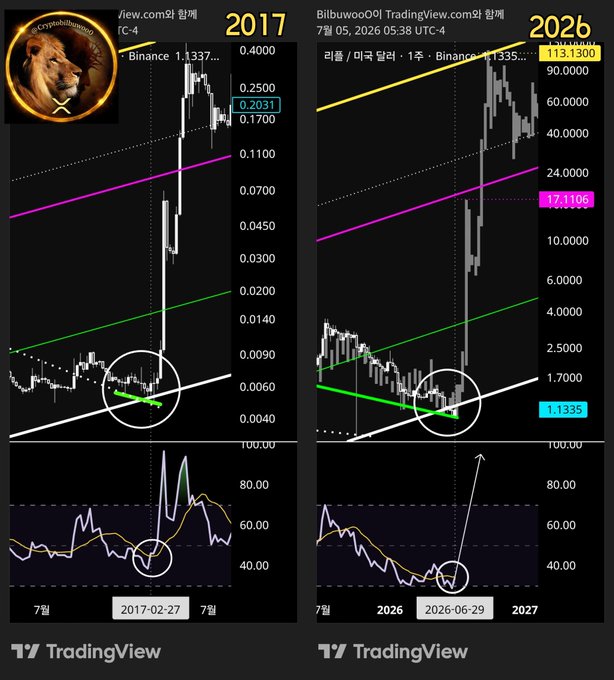 A side-by-side TradingView chart comparison showing the REEF/USDT pair on Binance, with the 2017 timeframe on the left and a 2026 timeframe on the right, highlighting similar RSI breakout fractals where the white circle marks the RSI cross signal at around 0.2031 in 2017 and 1.1335 in 2026, suggesting a comparable upcoming pump.
