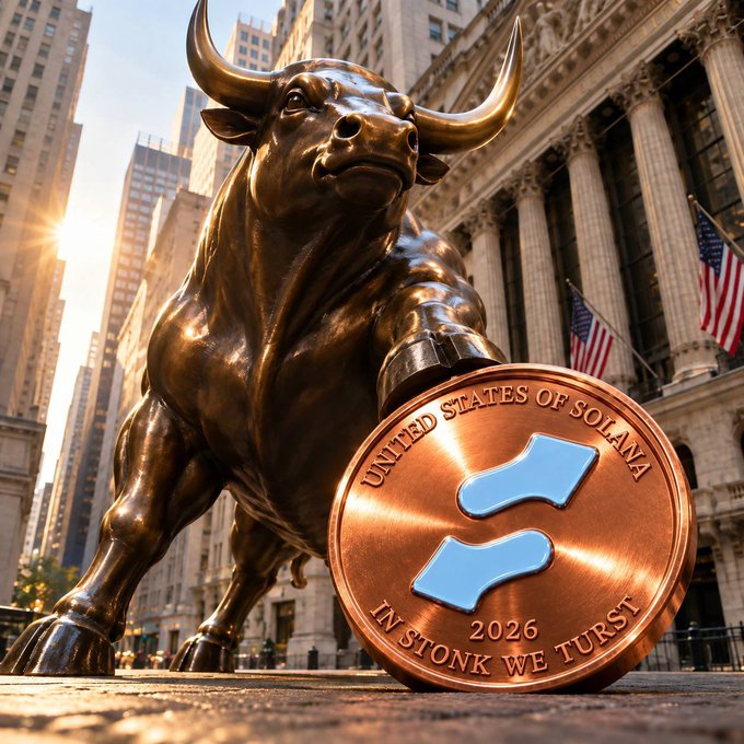A digital illustration shows a bronze bull statue on Wall Street next to a large copper coin reading "UNITED STATES OF SOLANA", "IN SOLK WE TURST", and "2026".