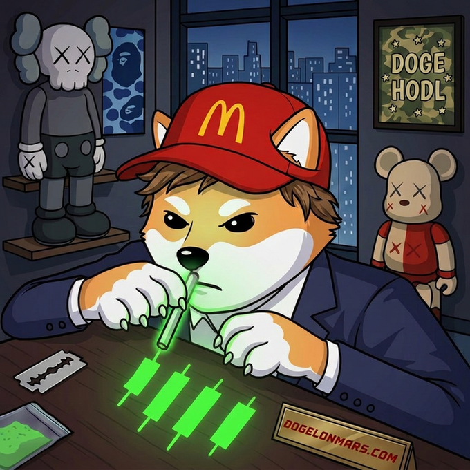 A cartoon Shiba Inu dog character wearing a McDonald's cap and business suit, appearing to smoke a green pen at a desk with green candlestick charts, surrounded by KAWS-style art and a 'DOGE HODL' poster, branded with 'DOGELONMARS.COM'.
