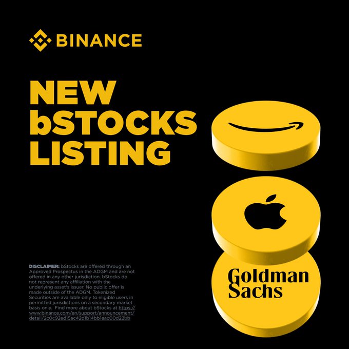 A Binance promotional banner announcing 'NEW bSTOCKS LISTING' featuring yellow coins bearing the Amazon, Apple, and Goldman Sachs logos on a black background.