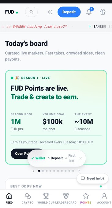 A mobile app interface for a crypto platform showing 'FUD Points are live' with sections for a Season Pool of '1M FUD pts', Volume Goal '$100k mainnet', and Event '~10M', with a ticker '$ANSEM' visible at the top.