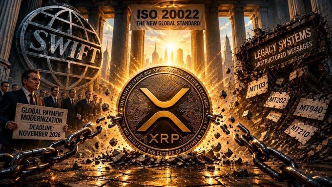 A stylized financial illustration places XRP at the center of a chained, crumbling legacy system as ISO 20022 and SWIFT dominate the scene. Visible text includes “ISO 20022 THE NEW GLOBAL STANDARD,” “LEGACY SYSTEMS — UNSTRUCTURED MESSAGES,” “GLOBAL PAYMENT MODERNIZATION DEADLINE: NOVEMBER 2026,” and message codes such as “MT103,” “MT202,” “MT940,” and “MT210,” illustrating the post’s claim that banks must modernize for interoperable payments.