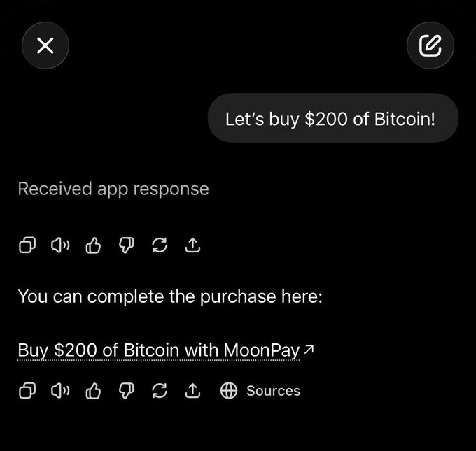 A text box with chatbot responses is shown, which reads "Let's buy $200 of Bitcoin!". The post displays details about a recent Bitcoin purchase.