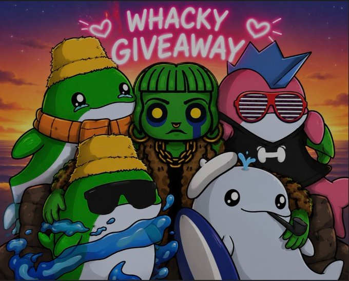 A vibrant 'WHACKY GIVEAWAY' promotional illustration featuring cartoon characters including a green creature in a yellow beanie, a green-skinned figure with gold chains, and a pink character with shutter shades against a sunset ocean backdrop.