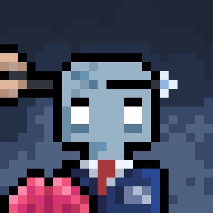 A pixel art image depicting a blue-skinned figure with an angry expression wearing a suit and red tie, holding a finger gun to their head.