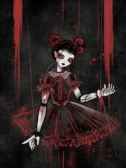 A stylized illustration of a gothic clown-like figure with a red ruffled dress, white face makeup, and a red updo, set against a dark, dripping red background.