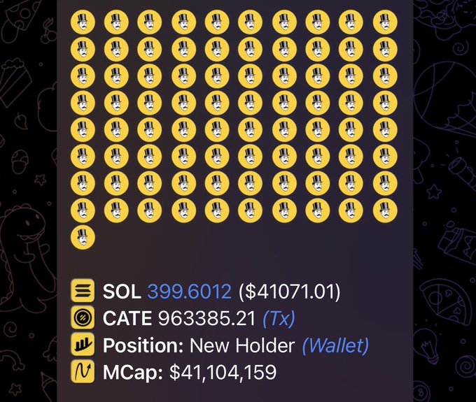 The image displays a dense grid of identical meme icons (97 total) representing wallet holders of the CATE token, showing 963,385.21 CATE tokens valued at approximately $41,071, with a market cap of $41,104,159, indicating the address is a "New Holder." This visually supports the post's argument about CATE's potential as a billion-dollar runner by emphasizing the token's growing holder base and trading activity, drawing a comparison to SHIB's meteoric rise.