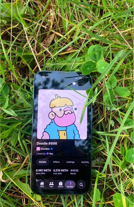 A smartphone rests in grass displaying an NFT marketplace listing for 'Doodle #896' priced at 0.382 WETH (Best Offer) / 0.376 WETH (Last Sale).