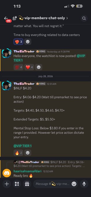 The image shows a Discord screenshot from a VIP members chat where user "TheSixTrader" posted a trade alert for $INLF at $4.20 with entry range $4.06-$4.20, targets of $4.40-$4.70+, and extended targets of $5-$5.50+. The accompanying post confirms this alert was successfully executed, hitting both the main targets and the first extended target of $5.