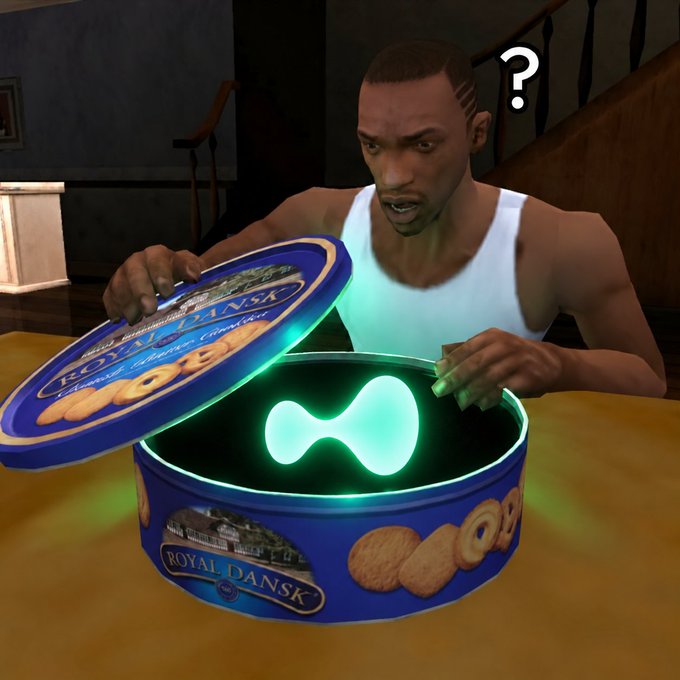 A stylized video-game character looks surprised while opening a glowing blue cookie tin labeled “ROYAL DANSK.” The surreal “hyperliquid” post likely references the bin’s bright aqua, liquid-like glow.
