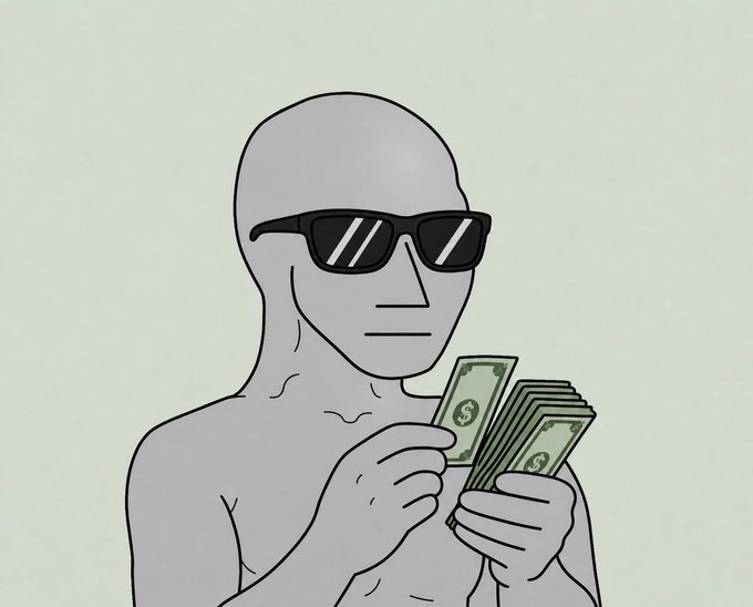 A cool, sunglasses-wearing grey figure counts a thick stack of dollar bills, symbolizing the wealth and excitement of an NPC token pump that would multiply their investment tenfold.