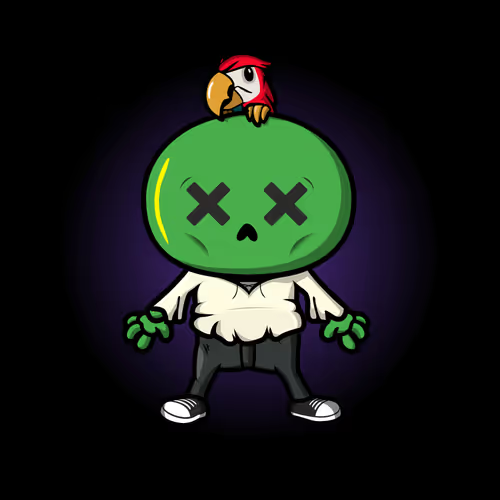 A cartoon zombie-like green character with X eyes, wearing a white hoodie and dark pants, with a red bird perched on its head against a dark purple background.