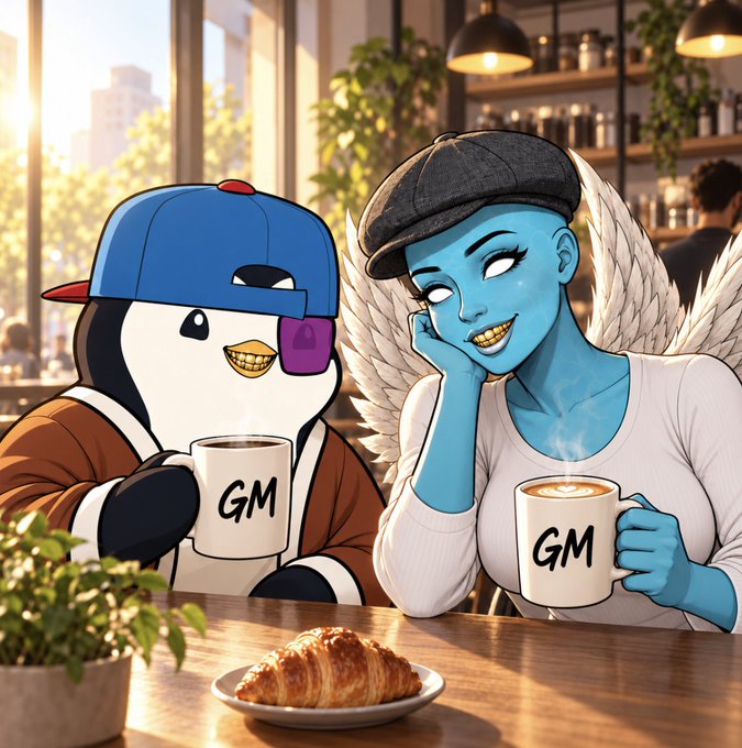 A digital illustration of a penguin and a blue-skinned woman with wings enjoying coffee in a cafe, both holding mugs labeled 'GM' with a croissant on the table.