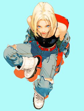 An anime-style illustration of a blonde-haired character in casual clothing crouching against a teal background.