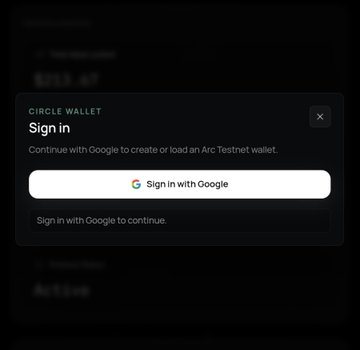 A mobile interface showing a 'CIRCLE WALLET' sign-in pop-up prompting the user to 'Continue with Google to create or load an Arc Testnet wallet.'