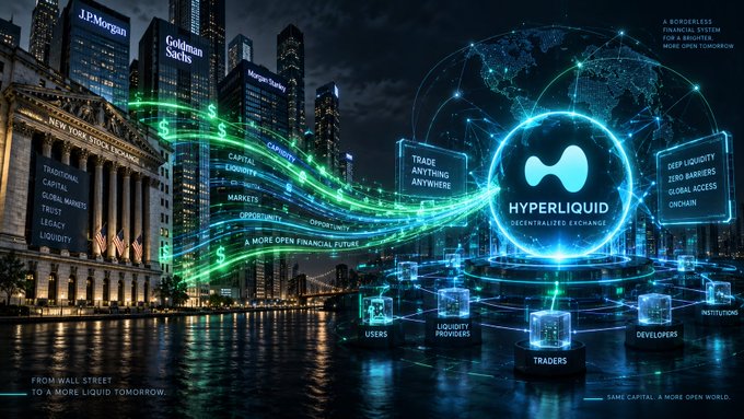 A futuristic financial infographic depicting Wall Street transitioning into the 'Hyperliquid Decentralized Exchange', featuring landmarks like the New York Stock Exchange and JP Morgan, with text like 'A BORDERLESS FINANCIAL SYSTEM FOR A BRIGHTER, MORE OPEN TOMORROW'.