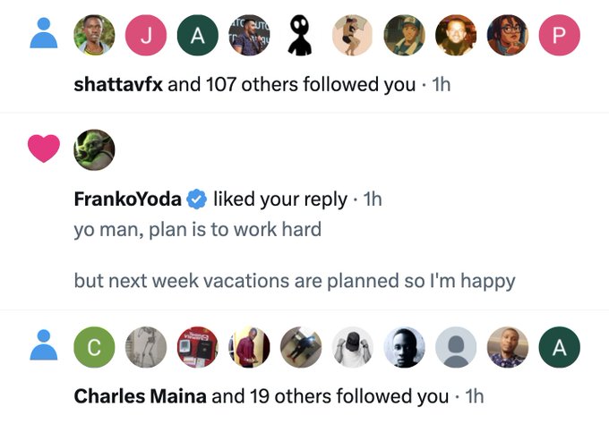 A screenshot of Instagram notifications showing "shattavfx and 107 others followed you" and "Charles Maina and 19 others followed you," alongside a liked reply from "FrankoYoda" saying "yo man, plan is to work hard but next week vacations are planned so I'm happy." The notifications reflect the post about dealing with botted followers and briefly going private to combat the issue.