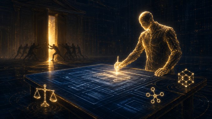 A glowing golden humanoid figure writes on a luminous blueprint-covered table, with silhouettes of figures running through a doorway in the background.