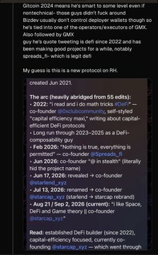 A tweet discussing speculation on GMX launching a new protocol on Arbitrum, quoting a thread by @darksidefi that recaps GMX's history and milestones—including launching on Avalanche in 2021 with ~$55M TVL, raising $64M in 2022 (co-led by @paradigm), and being valued at ~$9B in 2024—with the poster suggesting a 25M+ candle if GMX confirms the rumor.