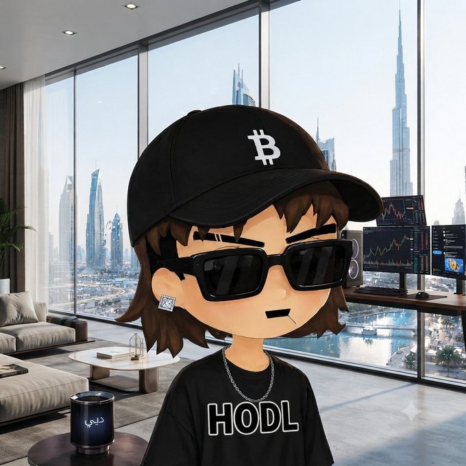 A stylized 3D avatar of a person wearing a black 'Bitcoin' logo cap, sunglasses, and a 'HODL' t-shirt stands in a luxurious modern apartment with views of a city skyline and trading screens.