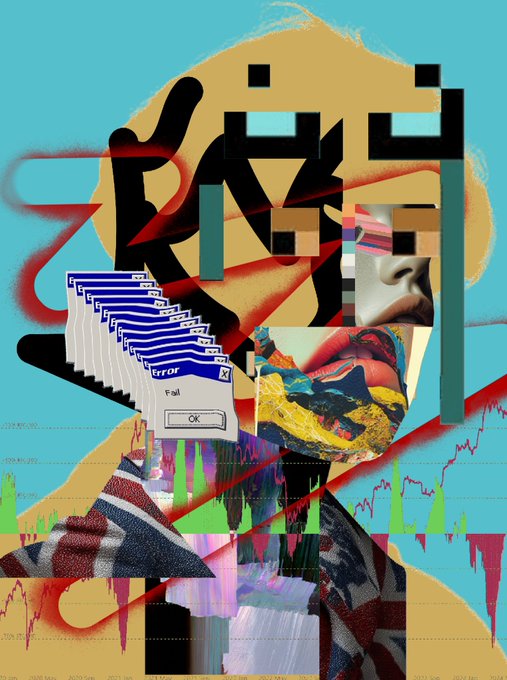 A glitchy digital collage featuring stacked Windows error dialog boxes, abstract pixelated faces, bold Asian characters, and fluctuating financial chart data overlays an orange silhouette, visually echoing the chaotic "fragment stacking" and market-signaling theme of building toward the future.