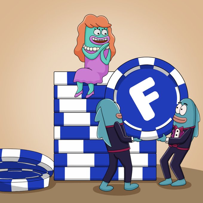 A cartoon illustration of a green-skinned woman with red hair sitting on a stack of large blue and white poker chips, while two fish-like characters in tuxedos hold a giant Facebook poker chip.