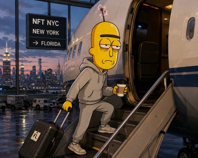 A cartoon image depicts a yellow-skinned Simpsons-style character in a gray tracksuit stepping off a private jet with a coffee cup and rolling suitcase; a sign reads 'NFT NYC NEW YORK → FLORIDA'.