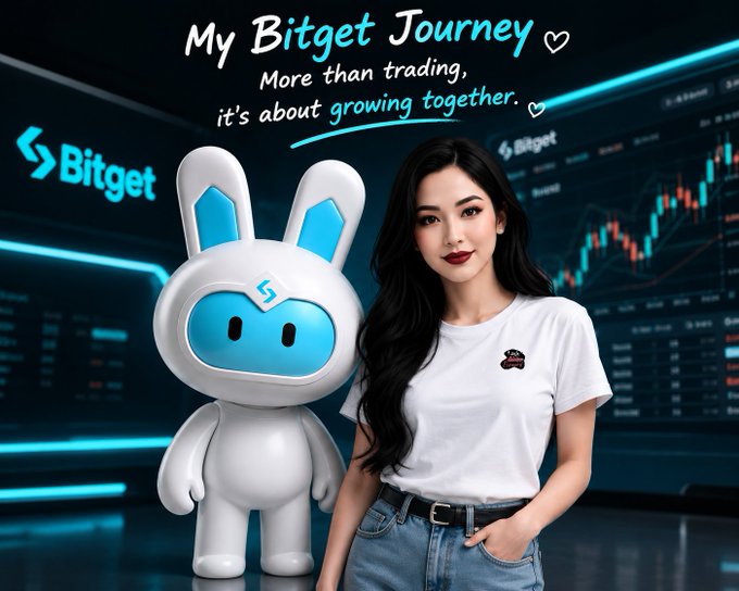 A promotional image showing a young woman standing next to a white and blue Bitget rabbit mascot, with text reading "My Bitget Journey ♡ More than trading, it's about growing together" against a backdrop of trading charts.