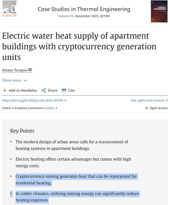 The focus of the image is a screenshot from an article or webpage that explains about Bitcoins' role in providing affordable energy solutions, specifically for hot water supply in apartment buildings during cold climates. It appears that the text has been edited down to make it easier to understand and visually appealing by using bullet points instead of paragraphs.
