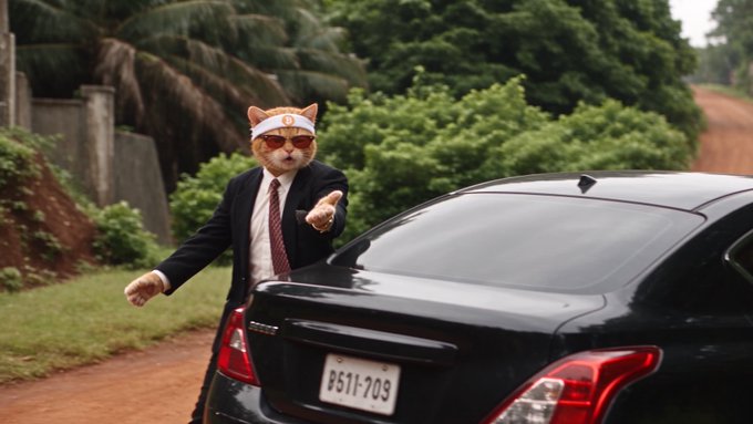 An AI-generated image of a cat wearing a suit, sunglasses, and a headband, standing next to a black car with license plate '96IF709' on a rural road.