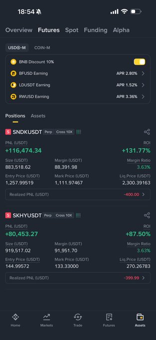 A mobile crypto trading app screenshot showing two perpetual futures positions on Binance: SNDKUSDT with +116,474.34 PNL and SKHYUSDT with +80,453.27 PNL, both displayed in USDT. The substantial gains illustrate the poster's point about finding it surprisingly easy to profit on traditional markets after years of struggling in the volatile altcoin space.
