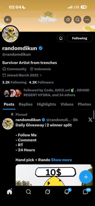 A Twitter (X) profile page for 'randomdikun' (@randomdikun), described as a 'Survivor Artist from trenches,' based in Indonesia with 3.2K Following and 4.2K Followers, showing a pinned giveaway post.