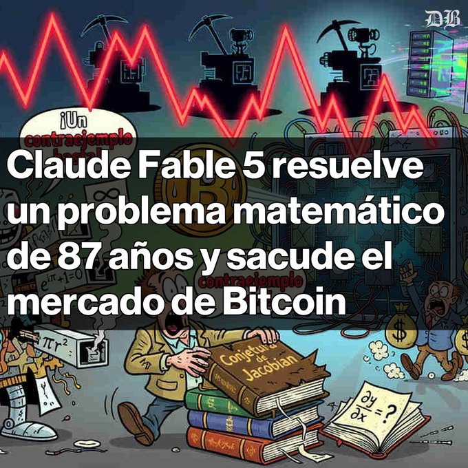 The book on the lest says "Construct of Jacobian" and the image says Claude Fable 5 resuelve un problema matemático de 87 anos and sacude el mercado de Bitcoin. The caption mentions a IA model that refutes a 87 year old conjecture and indicates a shift in the market.