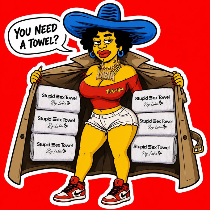 A cartoon parody of the Simpsons showing a character wearing a blue hat, red shirt, and 'PickaHoe' top opening a trench coat lined with packages labeled 'Stupid Sex Towel By Labia' while saying 'YOU NEED A TOWEL?'