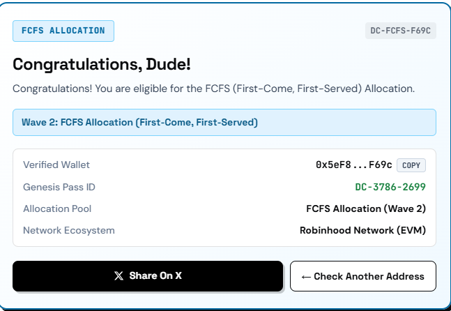 A confirmation screen reading 'Congratulations, Dude!' showing eligibility for the 'Wave 2: FCFS Allocation' on the 'Robinhood Network (EVM)' with a Verified Wallet and Genesis Pass ID.