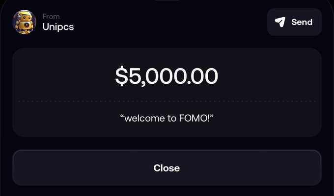 A $5,000.00 transaction notification from "Unipcs" with the message "welcome to FOMO!" displayed, representing the generous welcome gift referenced in the post expressing gratitude toward Unipcs.