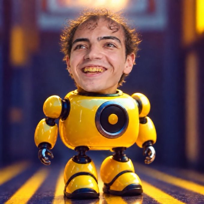 A yellow robot with a smiling human head stands against a blurred background, evoking a playful hybrid of human and machine. The caption "I'm going to tell my grandkids this was Rasmr" suggests a humorous nostalgia, as if the AI-generated character is a long-lost relic from a vintage era.