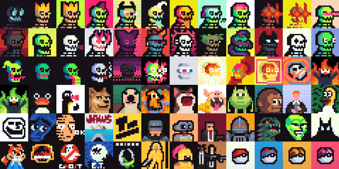 A grid of various colorful pixel art NFT-style character avatars featuring diverse creatures, monsters, and humanoid figures in different colors and styles.