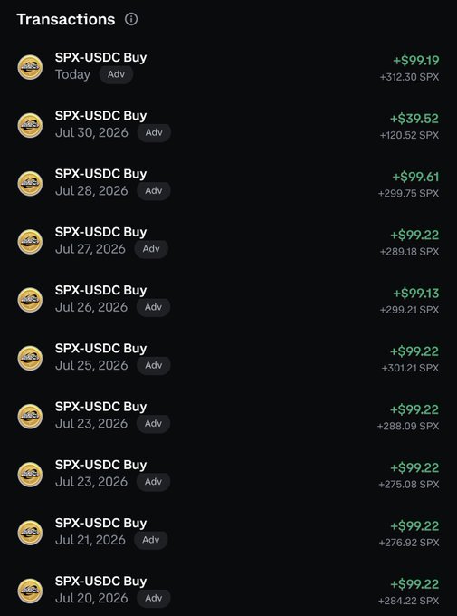 A transactions list showing multiple SPX-USDC Buy orders, most for approximately +$99.22 worth of USDC, with corresponding SPX token amounts ranging from +275.08 to +312.30 SPX, dated from Jul 20 to Jul 30, 2026, with a most recent 'Today' purchase.