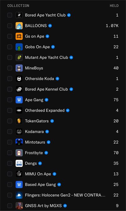 The image shows a digital NFT collection inventory, highlighting holdings across various projects including 1 Bored Ape Yacht Club, 11 Gs on Ape, 22 Gobs On Ape, 40 MineBoys, 2 Bored Ape Kennel Club, and several others with notable quantities. The post references MineBoys NFTs, with the user's 40 MineBoys holdings visible in their collection list, suggesting excitement about their value appreciation.
