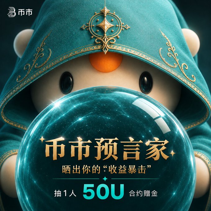 A BitMart promotional graphic shows a cute mascot in a teal hood holding a crystal ball, featuring the Chinese text '币币预言家' (Coin Prophet) and announcing a giveaway of 50U contract bonuses.